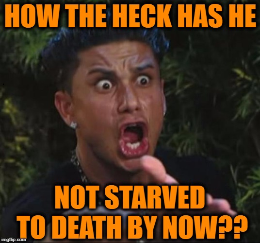 for crying out loud | HOW THE HECK HAS HE NOT STARVED TO DEATH BY NOW?? | image tagged in for crying out loud | made w/ Imgflip meme maker