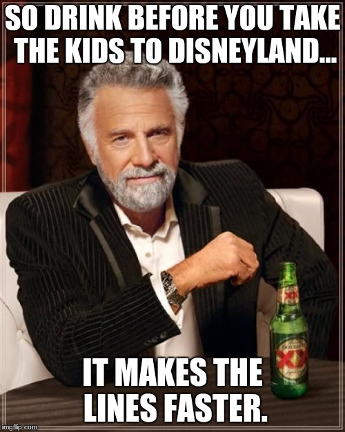 The Most Interesting Man In The World Meme | SO DRINK BEFORE YOU TAKE THE KIDS TO DISNEYLAND... IT MAKES THE LINES FASTER. | image tagged in memes,the most interesting man in the world | made w/ Imgflip meme maker