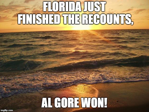 Better late than never. Your new president.  | FLORIDA JUST FINISHED THE RECOUNTS, AL GORE WON! | image tagged in florida sunrise,recount,democrat cheating,left,right,middle | made w/ Imgflip meme maker