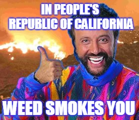 IN PEOPLE'S REPUBLIC OF CALIFORNIA; WEED SMOKES YOU | image tagged in yakov smirnoff wildfires | made w/ Imgflip meme maker