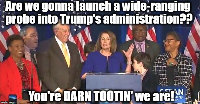 Now that Democrats won the House, it's game on! lol | Are we gonna launch a wide-ranging probe into Trump's administration?? You're DARN TOOTIN' we are! | image tagged in salty democrats | made w/ Imgflip meme maker