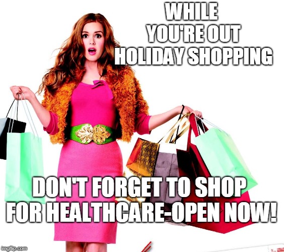 Shoppinglady | WHILE YOU'RE OUT HOLIDAY SHOPPING; DON'T FORGET TO SHOP FOR HEALTHCARE-OPEN NOW! | image tagged in shoppinglady | made w/ Imgflip meme maker