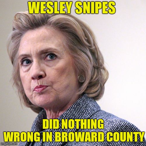 hillary clinton pissed | WESLEY SNIPES; DID NOTHING WRONG IN BROWARD COUNTY | image tagged in hillary clinton pissed,hillary clinton,liberal logic,midterms | made w/ Imgflip meme maker