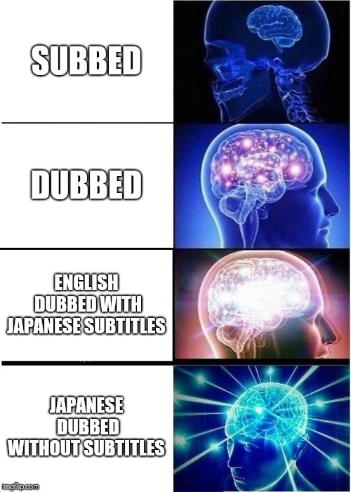 Expanding Brain Meme | SUBBED; DUBBED; ENGLISH DUBBED WITH JAPANESE SUBTITLES; JAPANESE DUBBED WITHOUT SUBTITLES | image tagged in memes,expanding brain | made w/ Imgflip meme maker