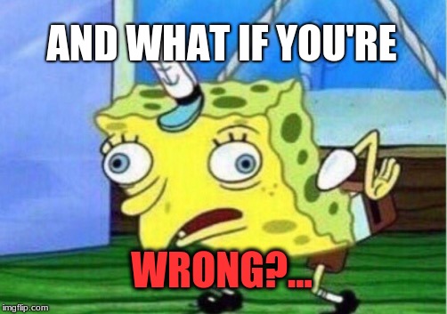 Mocking Spongebob Meme | AND WHAT IF YOU'RE WRONG?... | image tagged in memes,mocking spongebob | made w/ Imgflip meme maker