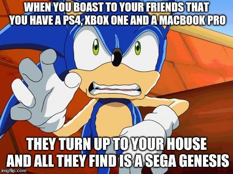 WHEN YOU BOAST TO YOUR FRIENDS THAT YOU HAVE A PS4, XBOX ONE AND A MACBOOK PRO; THEY TURN UP TO YOUR HOUSE AND ALL THEY FIND IS A SEGA GENESIS | image tagged in freaked out sonic | made w/ Imgflip meme maker