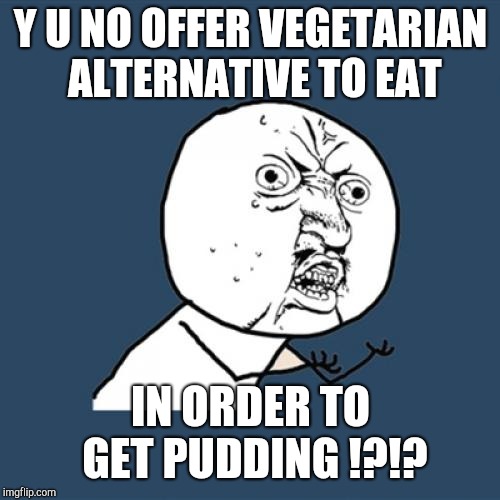 Y U No Meme | Y U NO OFFER VEGETARIAN ALTERNATIVE TO EAT IN ORDER TO GET PUDDING !?!? | image tagged in memes,y u no | made w/ Imgflip meme maker