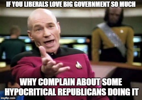 Picard Wtf Meme | IF YOU LIBERALS LOVE BIG GOVERNMENT SO MUCH WHY COMPLAIN ABOUT SOME HYPOCRITICAL REPUBLICANS DOING IT | image tagged in memes,picard wtf | made w/ Imgflip meme maker