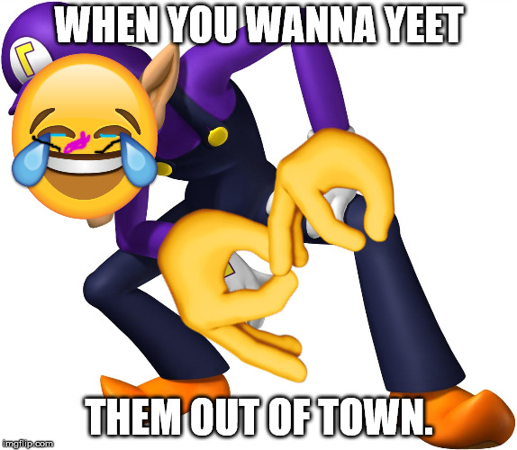 TOO BAD! WALUIGI TIME! | WHEN YOU WANNA YEET; THEM OUT OF TOWN. | image tagged in too bad waluigi time | made w/ Imgflip meme maker