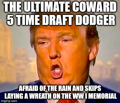 trump coward |  THE ULTIMATE COWARD 5 TIME DRAFT DODGER; AFRAID OF THE RAIN AND SKIPS LAYING A WREATH ON THE WW I MEMORIAL | image tagged in trump,wwi,rain | made w/ Imgflip meme maker