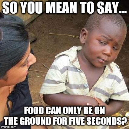 Third World Skeptical Kid | SO YOU MEAN TO SAY... FOOD CAN ONLY BE ON THE GROUND FOR FIVE SECONDS? | image tagged in memes,third world skeptical kid | made w/ Imgflip meme maker