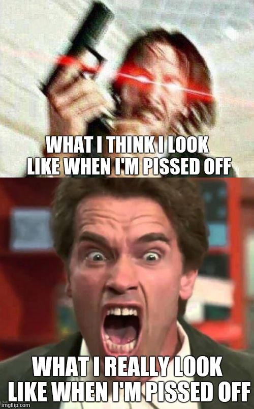 Pissed off | WHAT I THINK I LOOK LIKE WHEN I'M PISSED OFF; WHAT I REALLY LOOK LIKE WHEN I'M PISSED OFF | image tagged in john wick | made w/ Imgflip meme maker
