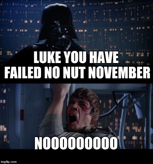 Star Wars No Meme | LUKE YOU HAVE FAILED NO NUT NOVEMBER; NOOOOOOOOO | image tagged in memes,star wars no | made w/ Imgflip meme maker