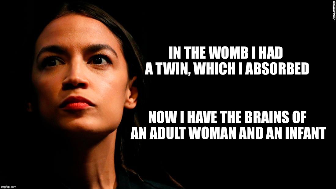 Brilliant | IN THE WOMB I HAD A TWIN, WHICH I ABSORBED; NOW I HAVE THE BRAINS OF AN ADULT WOMAN AND AN INFANT | image tagged in ocasio-cortez super genius | made w/ Imgflip meme maker