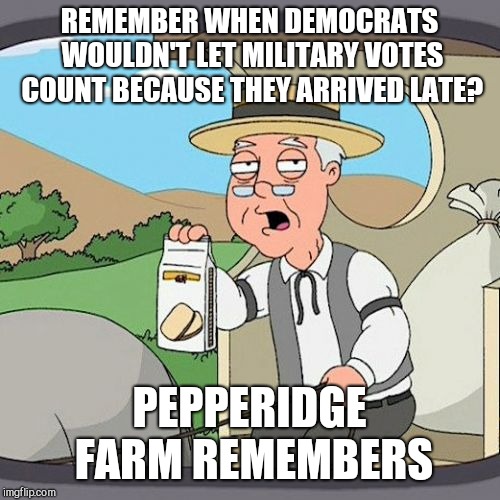 Pepperidge Farm Remembers Meme | REMEMBER WHEN DEMOCRATS WOULDN'T LET MILITARY VOTES COUNT BECAUSE THEY ARRIVED LATE? PEPPERIDGE FARM REMEMBERS | image tagged in memes,pepperidge farm remembers | made w/ Imgflip meme maker