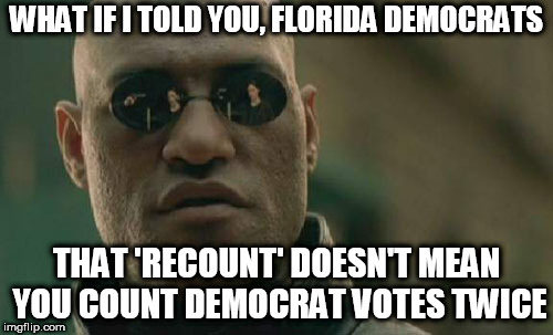 Matrix Morpheus | WHAT IF I TOLD YOU, FLORIDA DEMOCRATS; THAT 'RECOUNT' DOESN'T MEAN YOU COUNT DEMOCRAT VOTES TWICE | image tagged in memes,matrix morpheus | made w/ Imgflip meme maker