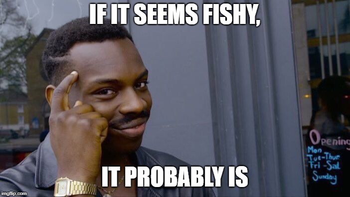 Roll Safe Think About It Meme | IF IT SEEMS FISHY, IT PROBABLY IS | image tagged in memes,roll safe think about it | made w/ Imgflip meme maker