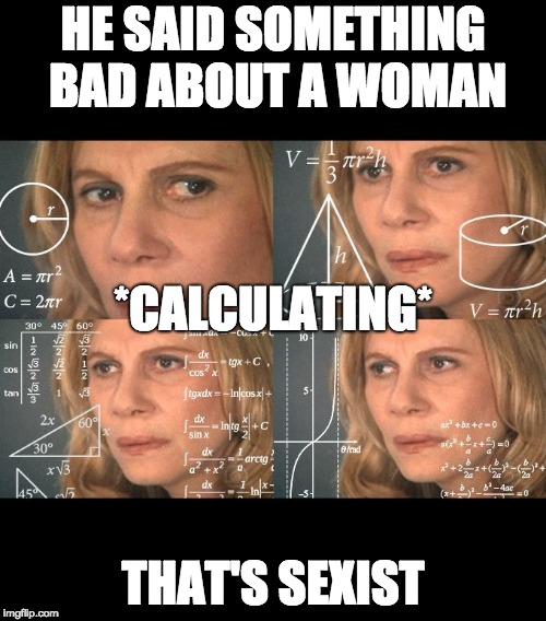 Woman calculating black | HE SAID SOMETHING BAD ABOUT A WOMAN; *CALCULATING*; THAT'S SEXIST | image tagged in woman calculating black | made w/ Imgflip meme maker