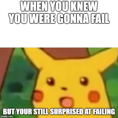 Surprised Pikachu | WHEN YOU KNEW YOU WERE GONNA FAIL; BUT YOUR STILL SURPRISED AT FAILING | image tagged in memes,surprised pikachu | made w/ Imgflip meme maker
