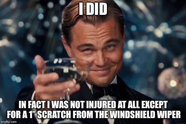 Leonardo Dicaprio Cheers Meme | I DID IN FACT I WAS NOT INJURED AT ALL EXCEPT FOR A 1” SCRATCH FROM THE WINDSHIELD WIPER | image tagged in memes,leonardo dicaprio cheers | made w/ Imgflip meme maker