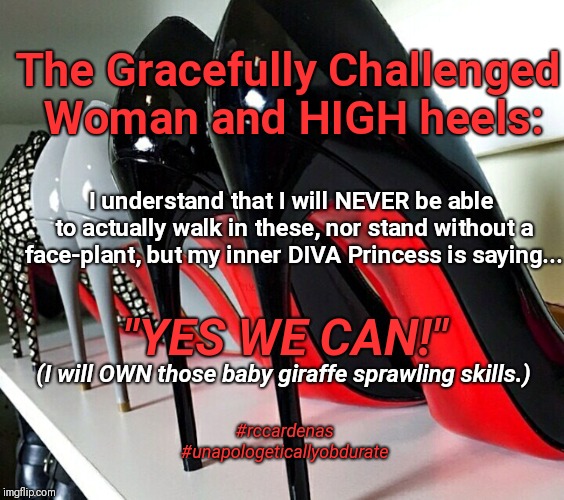 "The Gracefully Challenged Woman and HIGH Heels" | The Gracefully Challenged Woman and HIGH heels:; I understand that I will NEVER be able to actually walk in these, nor stand without a face-plant, but my inner DIVA Princess is saying... "YES WE CAN!"; (I will OWN those baby giraffe sprawling skills.); #rccardenas #unapologeticallyobdurate | image tagged in shoes,high heels,grace,heels,faceplant | made w/ Imgflip meme maker