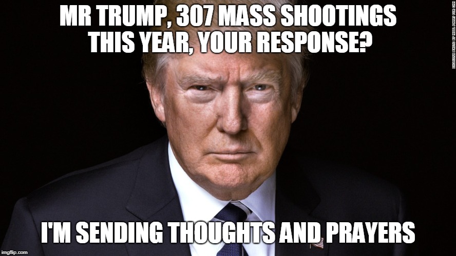 President incapable of defending Americans from their biggest unnatural killer | MR TRUMP, 307 MASS SHOOTINGS THIS YEAR, YOUR RESPONSE? I'M SENDING THOUGHTS AND PRAYERS | image tagged in maga,guns,mass shooting | made w/ Imgflip meme maker