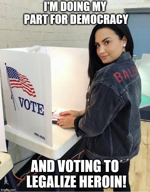 I'M DOING MY PART FOR DEMOCRACY; AND VOTING TO LEGALIZE HEROIN! | image tagged in demi | made w/ Imgflip meme maker
