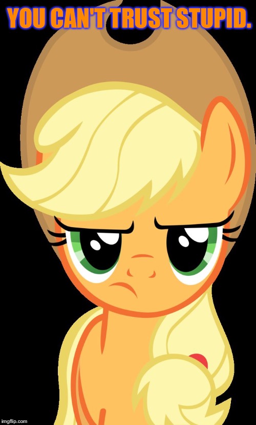 You can't trust stupid. | YOU CAN'T TRUST STUPID. | image tagged in applejack is not amused,memes,applejack,my little pony,my little pony friendship is magic,funny | made w/ Imgflip meme maker
