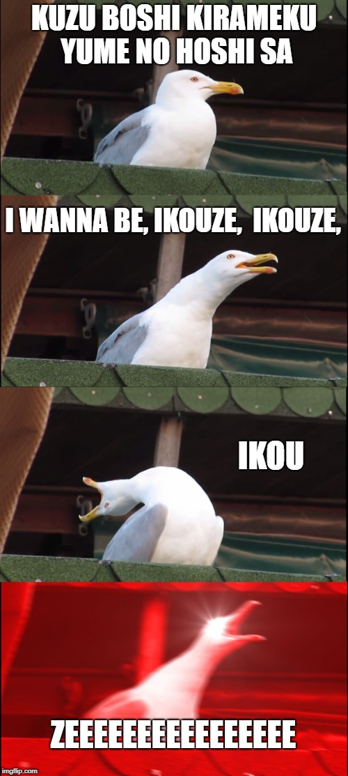 Inhaling Seagull | KUZU BOSHI KIRAMEKU YUME NO HOSHI SA; I WANNA BE, IKOUZE,
 IKOUZE, IKOU; ZEEEEEEEEEEEEEEEE | image tagged in memes,inhaling seagull | made w/ Imgflip meme maker