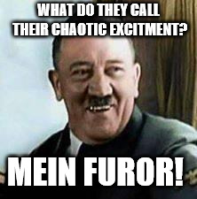 laughing hitler | WHAT DO THEY CALL THEIR CHAOTIC EXCITMENT? MEIN FUROR! | image tagged in laughing hitler | made w/ Imgflip meme maker