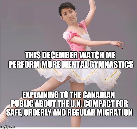 Trudeau ballet | THIS DECEMBER WATCH ME PERFORM MORE MENTAL GYMNASTICS; EXPLAINING TO THE CANADIAN PUBLIC ABOUT THE U.N. COMPACT FOR SAFE, ORDERLY AND REGULAR MIGRATION | image tagged in trudeau ballet | made w/ Imgflip meme maker