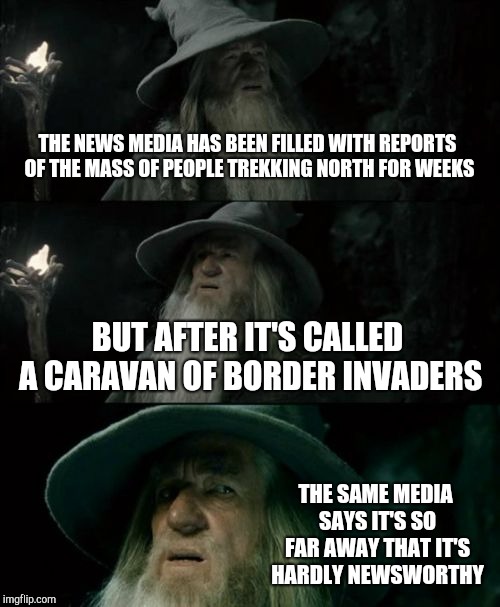 Confused Gandalf Meme | THE NEWS MEDIA HAS BEEN FILLED WITH REPORTS OF THE MASS OF PEOPLE TREKKING NORTH FOR WEEKS BUT AFTER IT'S CALLED A CARAVAN OF BORDER INVADER | image tagged in memes,confused gandalf | made w/ Imgflip meme maker