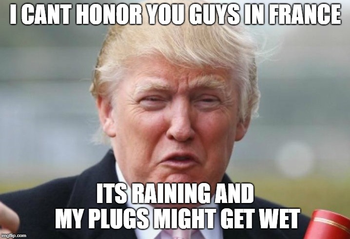 Trump Crybaby | I CANT HONOR YOU GUYS IN FRANCE ITS RAINING AND MY PLUGS MIGHT GET WET | image tagged in trump crybaby | made w/ Imgflip meme maker