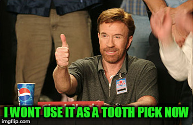 Chuck Norris Approves Meme | I WONT USE IT AS A TOOTH PICK NOW | image tagged in memes,chuck norris approves,chuck norris | made w/ Imgflip meme maker