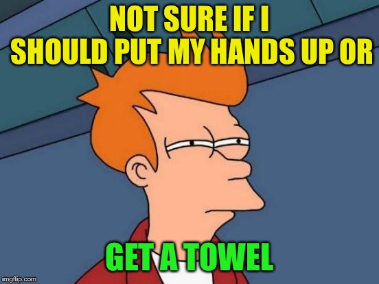 Futurama Fry Meme | NOT SURE IF I SHOULD PUT MY HANDS UP OR GET A TOWEL | image tagged in memes,futurama fry | made w/ Imgflip meme maker