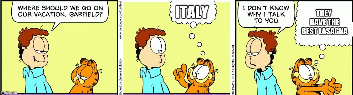 Garfield comic vacation | ITALY; THEY HAVE THE BEST LASAGNA | image tagged in garfield comic vacation | made w/ Imgflip meme maker