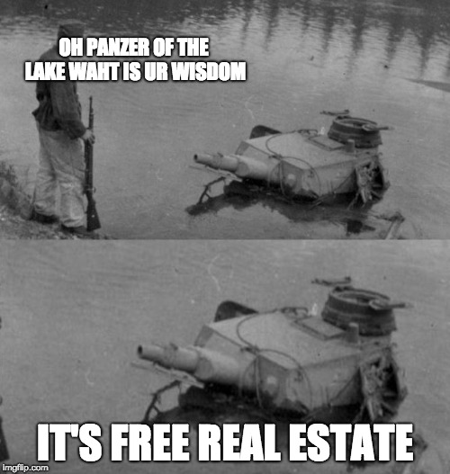 Panzer of the lake | OH PANZER OF THE LAKE WAHT IS UR WISDOM; IT'S FREE REAL ESTATE | image tagged in panzer of the lake | made w/ Imgflip meme maker