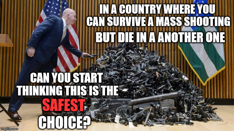 Come on NRA fans bring out the bullshit in the comments | IN A COUNTRY WHERE YOU CAN SURVIVE A MASS SHOOTING; BUT DIE IN A ANOTHER ONE; CAN YOU START THINKING THIS IS THE; SAFEST; CHOICE? | image tagged in mass shooting | made w/ Imgflip meme maker