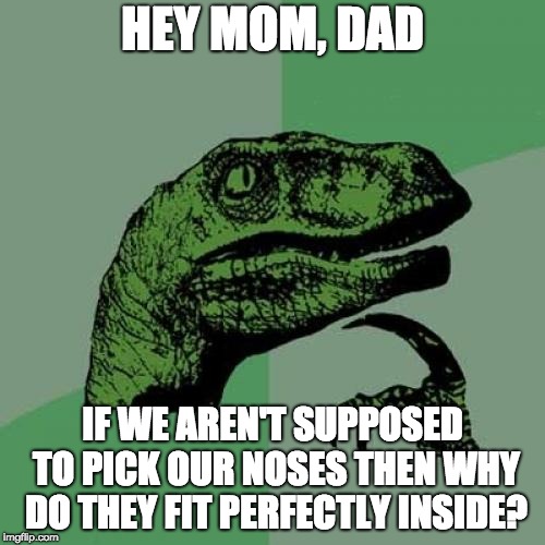 Philosoraptor Meme | HEY MOM, DAD; IF WE AREN'T SUPPOSED TO PICK OUR NOSES THEN WHY DO THEY FIT PERFECTLY INSIDE? | image tagged in memes,philosoraptor | made w/ Imgflip meme maker