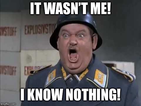 Sgt. Schultz shouting | IT WASN’T ME! I KNOW NOTHING! | image tagged in sgt schultz shouting | made w/ Imgflip meme maker