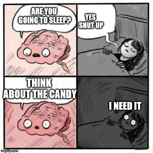 are you going to sleep? | YES SHUT UP; ARE YOU GOING TO SLEEP? THINK ABOUT THE CANDY; I NEED IT | image tagged in are you going to sleep | made w/ Imgflip meme maker