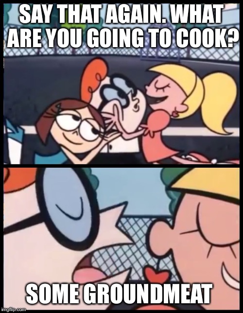 Say it Again, Dexter Meme | SAY THAT AGAIN. WHAT ARE YOU GOING TO COOK? SOME GROUNDMEAT | image tagged in say it again dexter | made w/ Imgflip meme maker