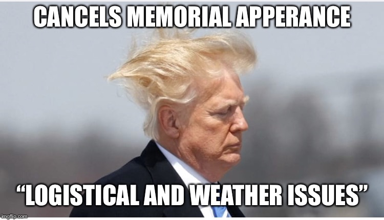 CANCELS MEMORIAL APPERANCE; “LOGISTICAL AND WEATHER ISSUES” | image tagged in trump cancels due to weather | made w/ Imgflip meme maker