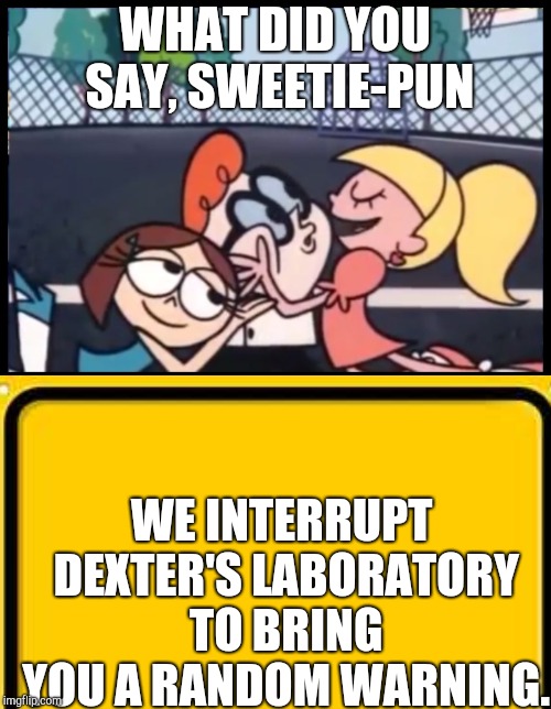 It's a Troll! | WHAT DID YOU SAY, SWEETIE-PUN; WE INTERRUPT DEXTER'S LABORATORY TO BRING YOU A RANDOM WARNING. | image tagged in dexter,troll,warning | made w/ Imgflip meme maker