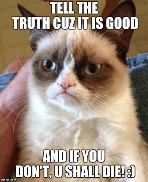 Grumpy Cat Meme | TELL THE TRUTH
CUZ IT IS GOOD; AND IF YOU DON'T, U SHALL DIE! :) | image tagged in memes,grumpy cat | made w/ Imgflip meme maker