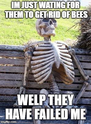 Waiting Skeleton | IM JUST WATING FOR THEM TO GET RID OF BEES; WELP THEY HAVE FAILED ME | image tagged in memes,waiting skeleton | made w/ Imgflip meme maker