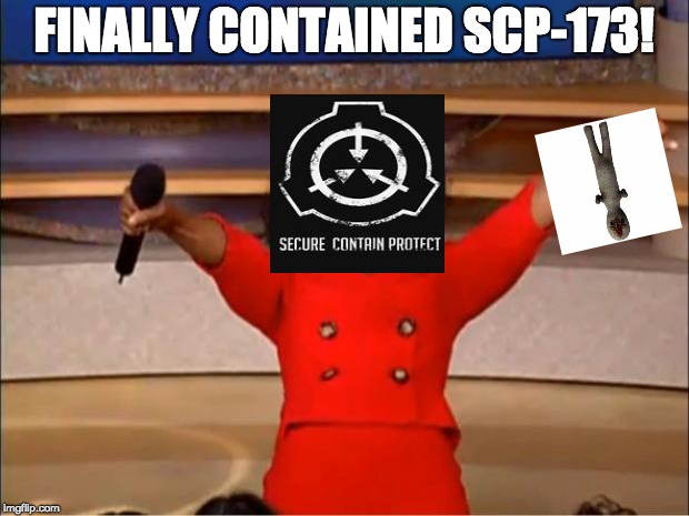 Oprah You Get A Meme | FINALLY CONTAINED SCP-173! | image tagged in memes,oprah you get a | made w/ Imgflip meme maker