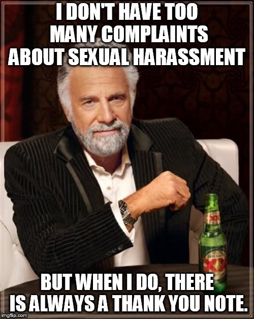 thank you notes | I DON'T HAVE TOO MANY COMPLAINTS ABOUT SEXUAL HARASSMENT; BUT WHEN I DO, THERE IS ALWAYS A THANK YOU NOTE. | image tagged in memes,the most interesting man in the world | made w/ Imgflip meme maker