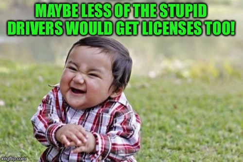 Evil Toddler Meme | MAYBE LESS OF THE STUPID DRIVERS WOULD GET LICENSES TOO! | image tagged in memes,evil toddler | made w/ Imgflip meme maker