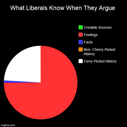 Modern Day Liberals | What Liberals Know When They Argue | Cerry-Picked History, Non- Cherry-Picked History, Facts, Feelings, Credible Sources | image tagged in funny,pie charts | made w/ Imgflip chart maker